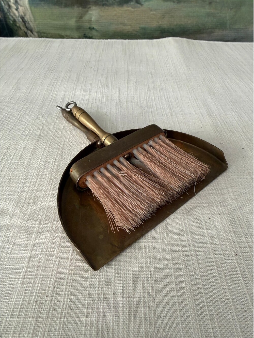 Brass Dustpan and Brush Set with Pink Bristles
